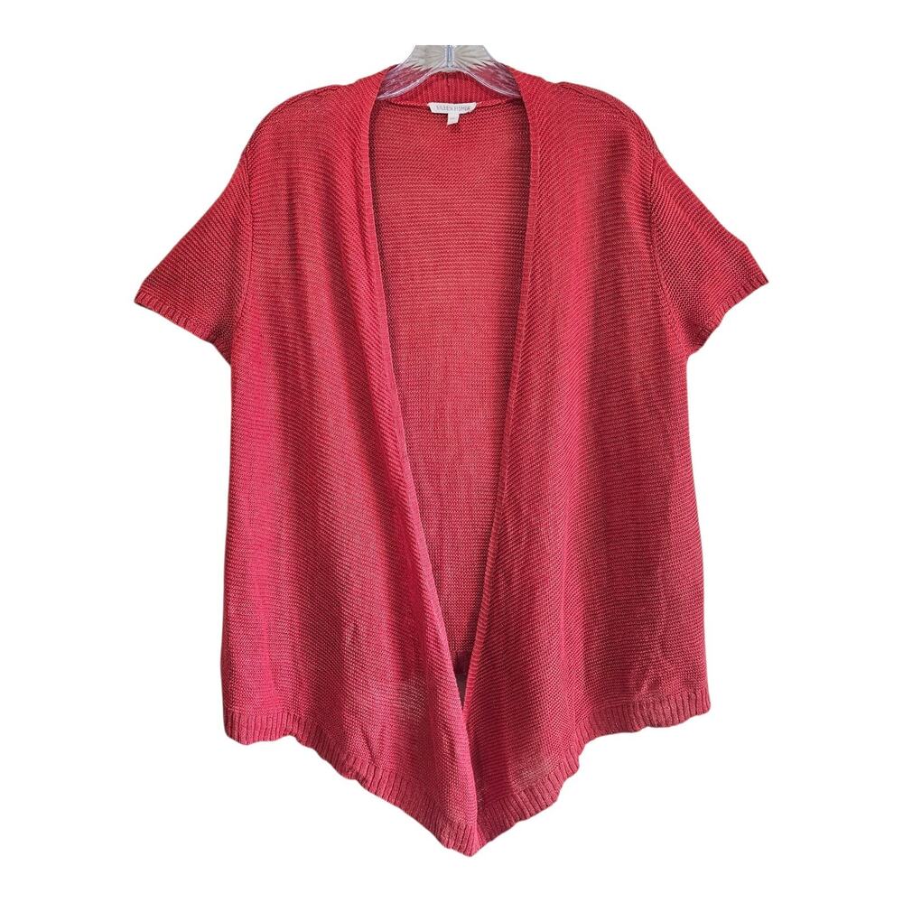 EILEEN FISHER Women's L Linen Cardigan Sweater Open Front Rust Short Sleeve 42"